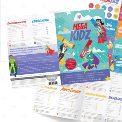 Folhetos coloridos de Mega Kidz com super-heróis e textos em português sobre superfície branca