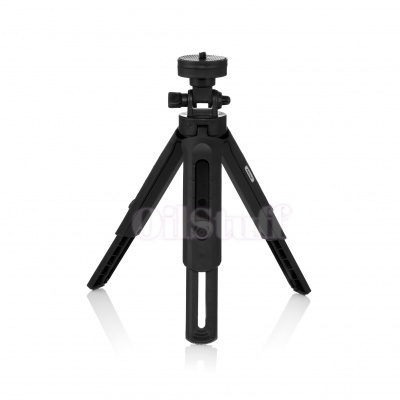 Tripé pequeno preto com pernas ajustáveis e parafuso no topo em fundo branco