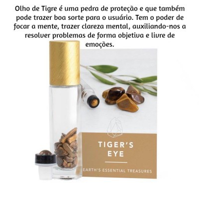 Frasco com pedras de Olho de Tigre e carta informativa