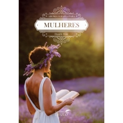 Capa de livro com mulher lendo em campo de flores lilás ao entardecer