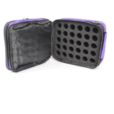 Bolsa roxa aberta com compartimentos redondos acolchoados pretos