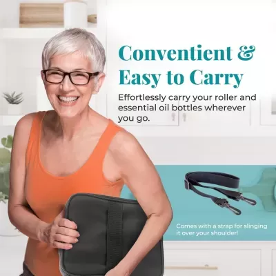 Mulher com bolsa preta numa cozinha com texto promocional ao lado