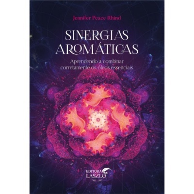 Capa de livro Sinerigas Aromáticas com padrão fractal colorido e texto em branco e vermelho
