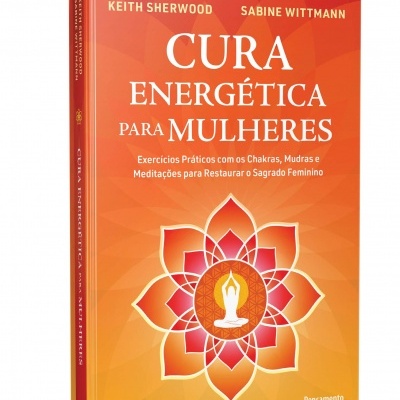Capa de livro laranja com título Cura Energética para Mulheres e imagem de flor de lótus