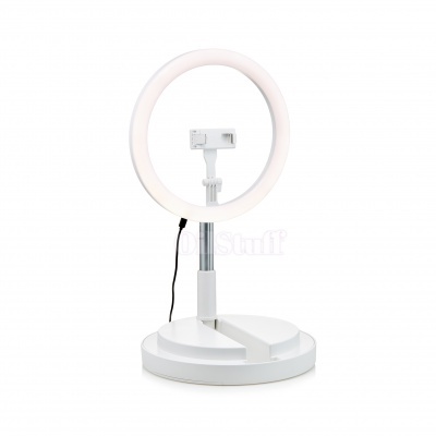 Ring light branco com suporte para telemóvel e base redonda