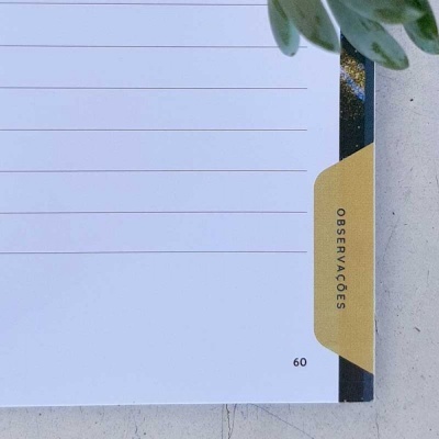 Página de caderno com linhas, aba amarela com texto OBSERVAÇÕES e número 60, planta verde ao lado