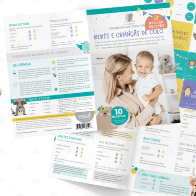 Folheto colorido com texto em português e foto de mulher com criança sorridente no colo