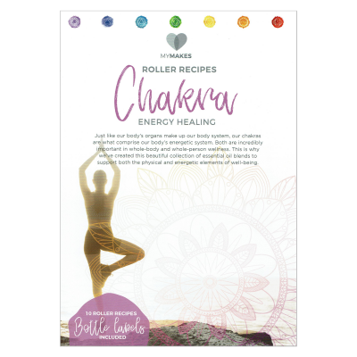 Pacote de receitas para roller de cura energética Chakra com design de chakras e figura de yoga