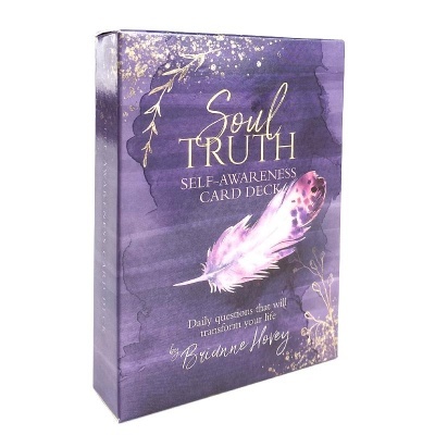 Baralho de cartas Soul Truth com pena roxa em fundo roxo e texto dourado