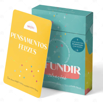 Cartão amarelo 'PENSAMENTOS FELIZES' junto a caixa azul 'FUNDIR'