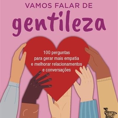 Capa de livro rosa com título sobre gentileza e mãos segurando coração vermelho