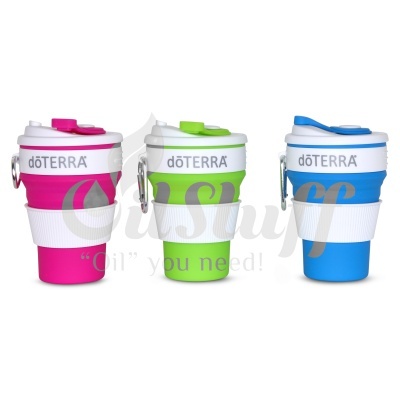 Três copos reutilizáveis coloridos dōTERRA com tampas e argolas metálicas