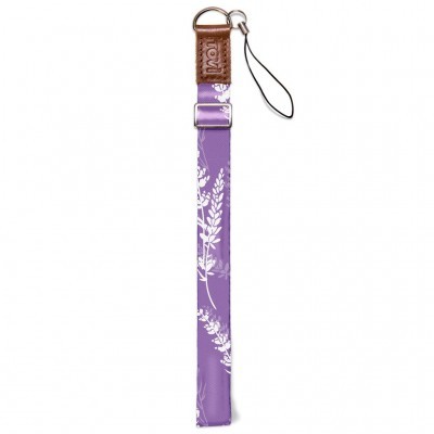 Alça roxa com padrão floral branco e detalhe em couro castanho