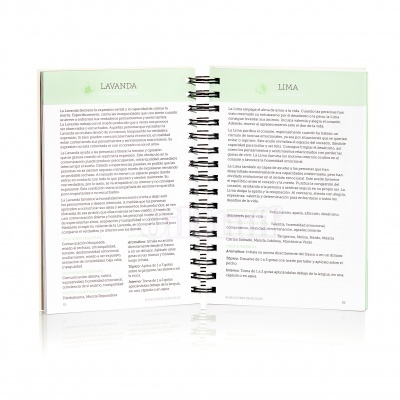 Livro aberto em espiral com texto sobre Lavanda e Lima, fundo branco
