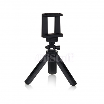 Tripé preto para telemóvel com suporte ajustável em fundo branco