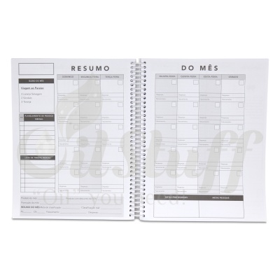 Planner mensal em espiral com resumo do mês e planeamento