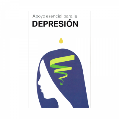 Produto com texto sobre apoio essencial para depressão e ilustração de cabeça feminina com espiral verde