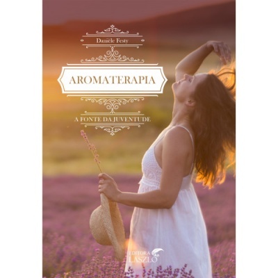 Livro Aromaterapia com mulher de vestido branco em campo florido ao pôr do sol