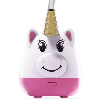 Humidificador formato unicórnio branco e rosa com chifre dourado.