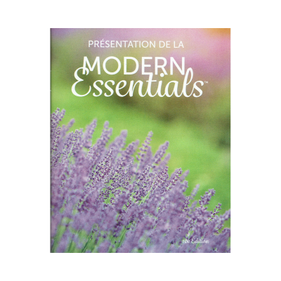 Capa de livro com flores roxas e texto Modern Essentials