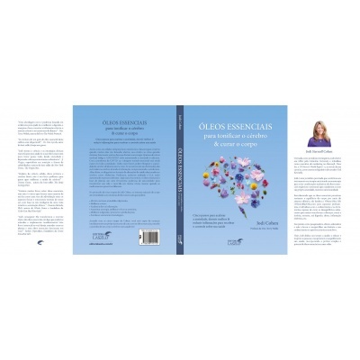 Capa do livro 'ÓLEOS ESSENCIAIS para tonificar o cérebro & corpo' com fundo azul claro e ilustração de cérebro floral