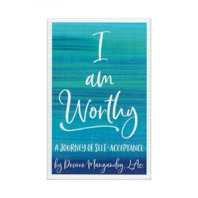 Capa de livro com título I am Worthy em tons de azul e verde