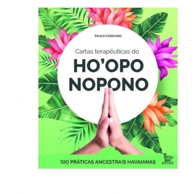Livro com capa decorada com folhas e flores tropicais, texto sobre Ho'oponopono e imagem de mãos unidas