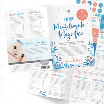 Folhetos promocionais coloridos com tema Eu Sou Mentalmente Mágica com texto em português e elementos florais.