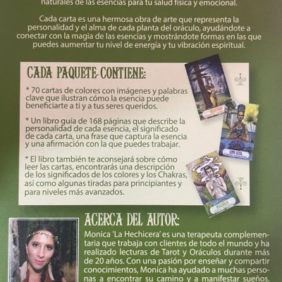 Folheto informativo escrito em espanhol sobre o Oráculo Esencial com fotos de cartas e da autora Monica 'La Hechicera'