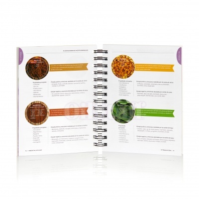 Livro aberto com texto e imagens de grãos e folhas em faixas coloridas.