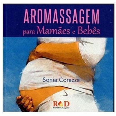 Livro sobre aromassagem para grávidas e bebés com capa azul e imagem de barriga de grávida a ser massageada