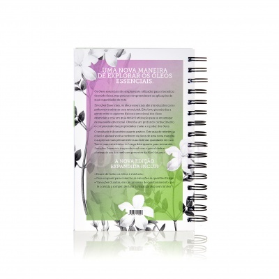 Caderno espiral decorado com flores e texto informativo em português