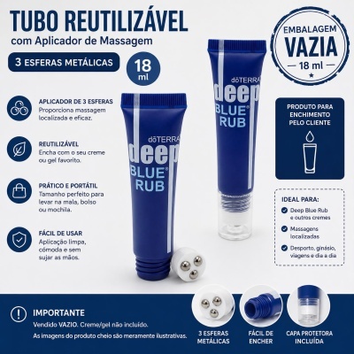 Tubo reutilizável azul para massagem com 3 esferas metálicas e texto em português