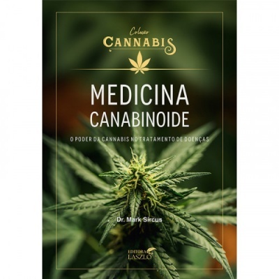 Capa de livro com planta de cannabis e texto sobre medicina canabinoide