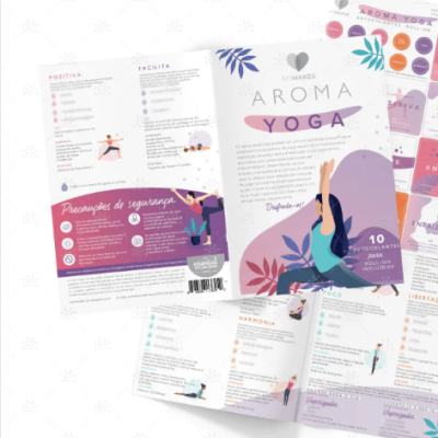 Folhetos promocionais do produto AROMA YOGA com ilustrações de yoga e texto em português