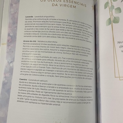 Página de livro com texto sobre óleos essenciais da virgem em português.