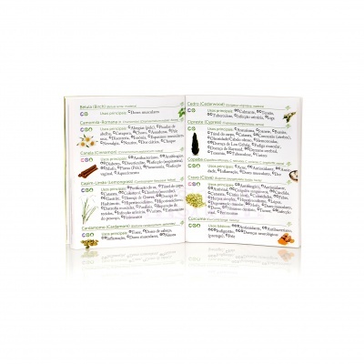 Folheto com texto e pequenas ilustrações de plantas aromáticas e medicinais