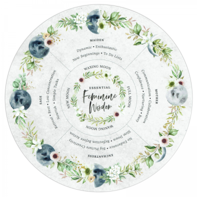 Ilustração circular decorativa com flores e fases da lua, texto ESSENTIAL Feminine Wisdom no centro.