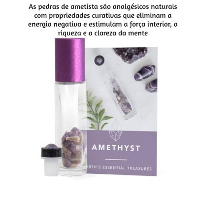 Frasco com pedras de ametista e embalagem associada
