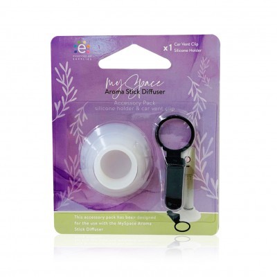 Pack acessório MySpace Aroma Stick Diffuser com suporte de silicone branco e clipe para carro preto numa embalagem roxa.