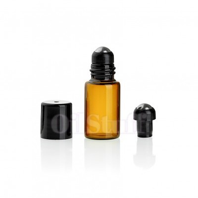Frasco de vidro âmbar com aplicador de rolo preto e tampa preta