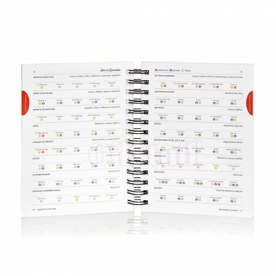 Livro ou manual aberto em espiral com texto e ícones coloridos em páginas brancas