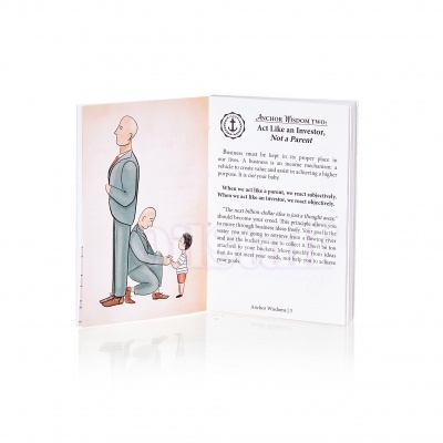 Livro aberto com ilustração e texto em inglês sobre investimento