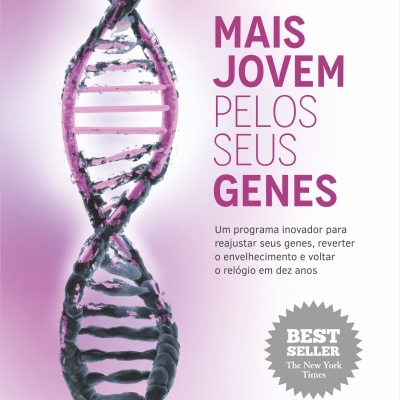 Capa do livro 'Mais Jovem pelos seus Genes' com uma hélice de DNA e texto promocional