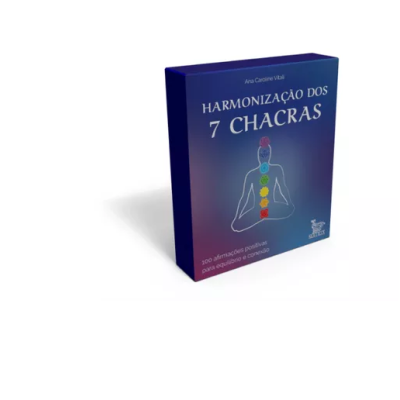 Caixa azul do produto Harmonização dos 7 Chacras com texto e chakras coloridos