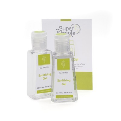 Duas embalagens de gel desinfetante e caixa Super Simple