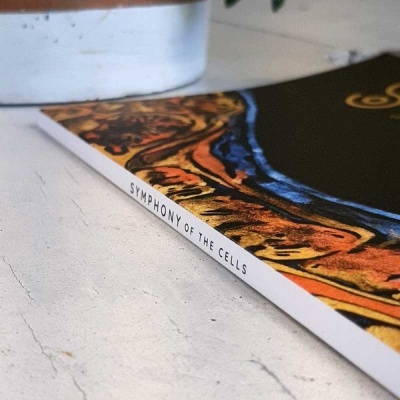 Brochura com lombada branca e texto 'SYMPHONY OF THE CELLS', padrão colorido na capa sobre superfície clara.