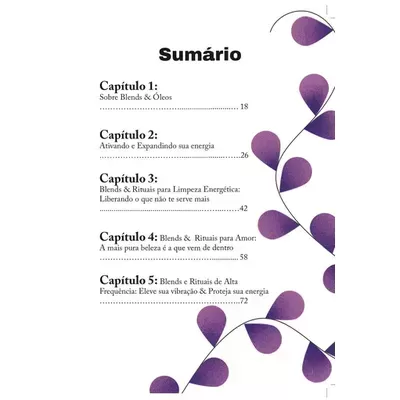 Sumário com cinco capítulos e design decorativo roxo à direita