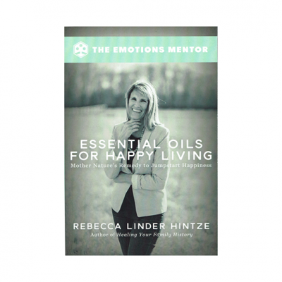 Capa do livro Essential Oils for Happy Living com imagem de mulher sorridente e texto em branco.