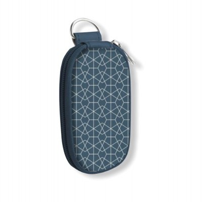 Estojo pequeno azul escuro com padrão branco e fecho com argola metálica